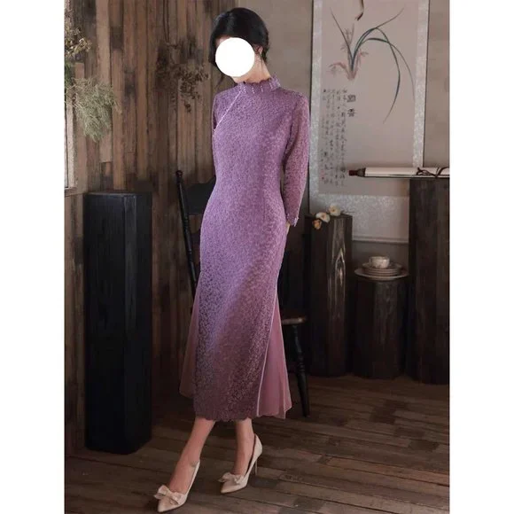 【SOLD】Purple Lace Qipao Midi A-Line Dress - Chinese Traditional Cheongsam - Picture 1 of 6